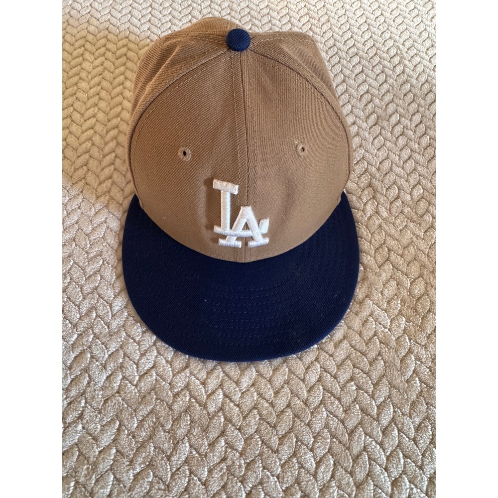 New Era 59FIFTY Los Angeles Dodgers Fitted Hat Tan Navy Blue Size 7 LA MLB Cap